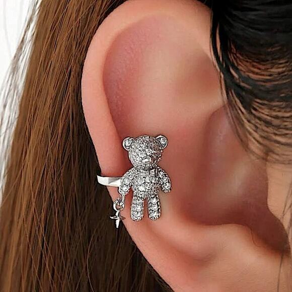Silver Teddy Bear Plated Zircon Cuff Earring - Picture 1 of 3